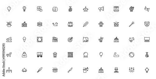 Circus icon set. Vector illustration pack. Includes cotton candy, hot air balloon, clown, magic hat, circus tent, carousel, popcorn, lion, elephant and more.