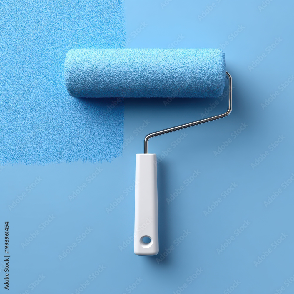 Obraz premium Paint roller on blue wall with fresh coat and textured surface, minimal home improvement concept