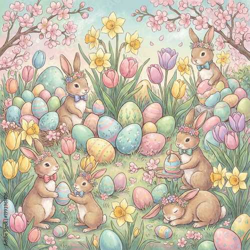 Easter Eggs and Bunnies in Flower Field Watercolor Illustration, Spring Holiday Scene Vector