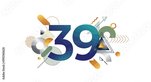 Stylized number 39 with abstract geometric shapes and modern design elements on a white background.