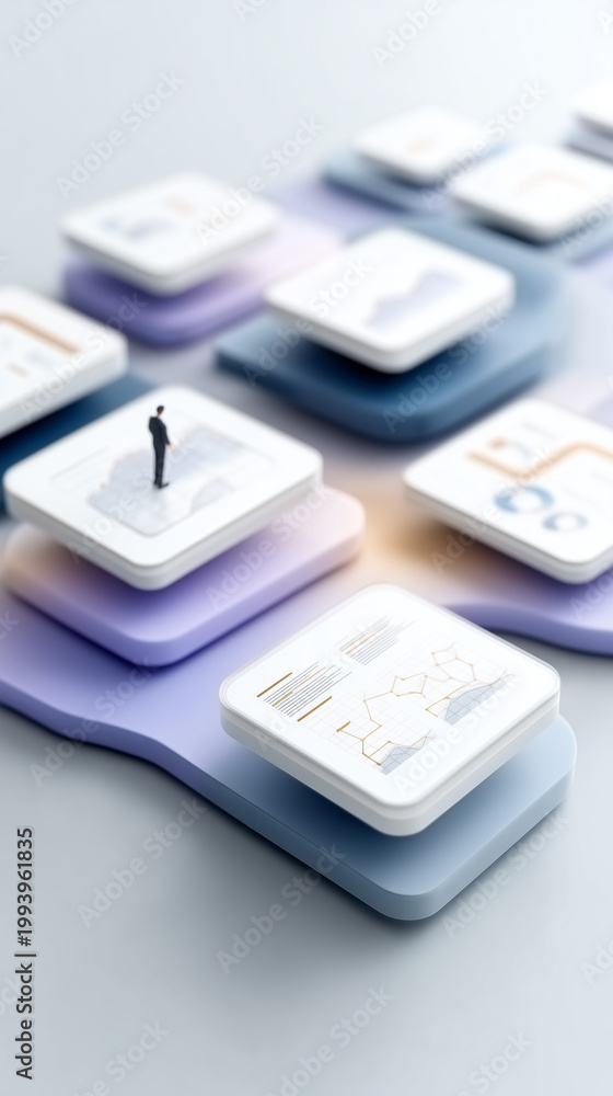 Fototapeta premium Strategic Vision: A miniature figure surveys a complex network of interconnected data visualizations, symbolizing the intricate interplay of modern analytics and the power of data-driven insights.