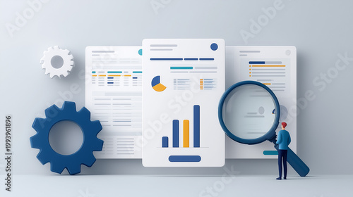Data Analytics: A miniature figure surveys detailed data visualizations with a magnifying glass, flanked by gears, symbolizing precision and strategic insight in the realm of analysis.
