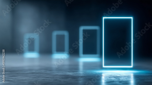 Illuminated Rectangle in Perspective: Modern technology concept. Four glowing, blue neon rectangles are arranged in a row with the foremost one illuminated, casting a soft glow on the surface.