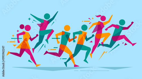 Running Race of Abstract Geometric Colorful People in Dynamic Motion on a Light Blue Background