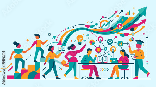 Teamwork and Success Concept Business Growth People Climbing Stairs and Graphs