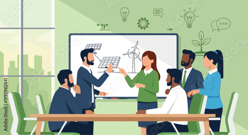 Diverse team discusses renewable energy solutions, solar panels and wind turbines on whiteboard