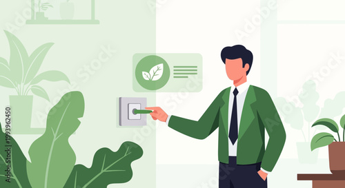 Businessman turning on eco-friendly light switch with leaf icon, promoting green energy