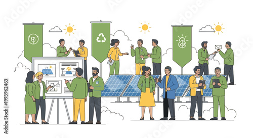 Diverse team discusses solar energy solutions at a renewable energy conference