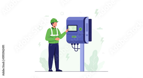 Electrician checking solar inverter panel, renewable energy technician working on equipment