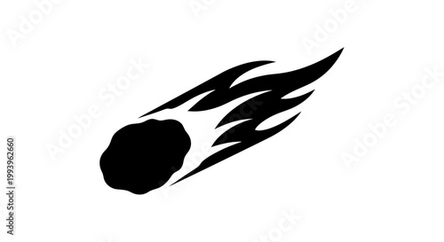 A black silhouette of a meteor or comet with flames trailing behind it