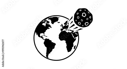 A black and white illustration of a globe with a meteorite impacting the earth