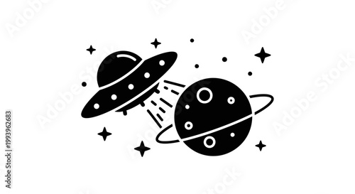 A black and white illustration of a UFO flying near a planet with stars in the background