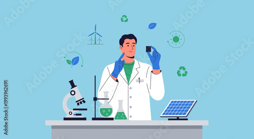 Scientist examining solar panel component with renewable energy symbols and lab equipment