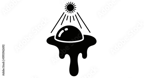 A black and white illustration of a melting UFO under the sun