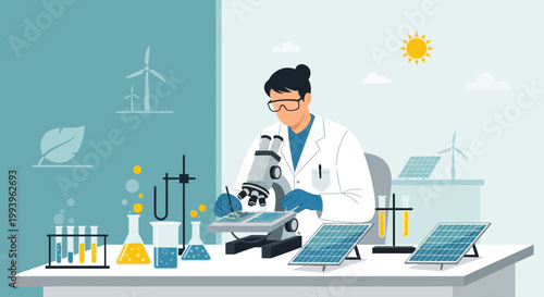 Scientist researches renewable energy, solar panels and wind turbines in laboratory setting