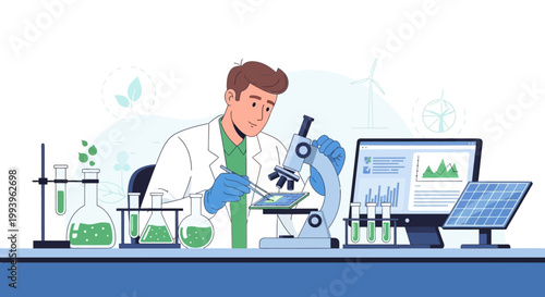 Scientist working with microscope in lab, solar panel and computer with data, renewable energy research