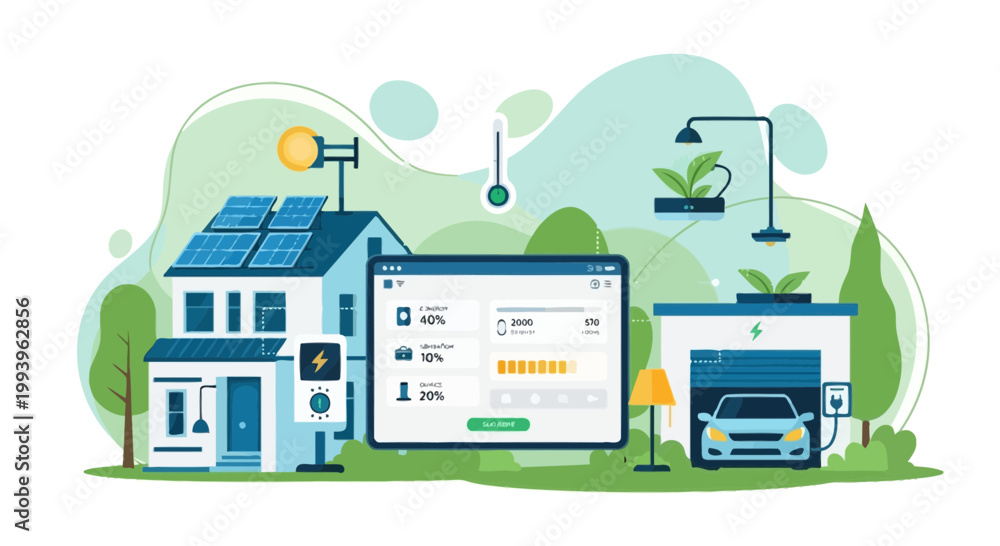 Fototapeta premium Smart Home Energy System: Solar Panels, EV Charging, and Battery Storage