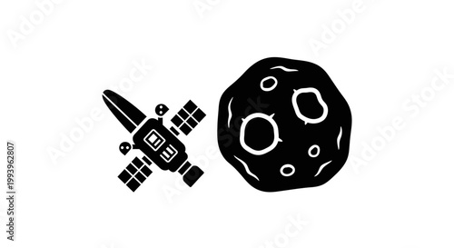 A black and white illustration of a satellite orbiting a planet with craters