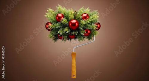 Christmas paint roller decorated with green pine branches and shiny red ornaments on brown background
