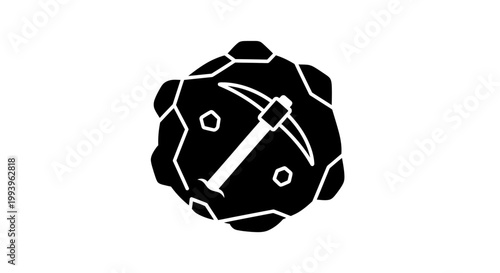 A black and white illustration of a pickaxe on a rock