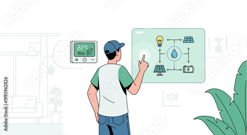 Smart home control panel with man interacting with energy management system