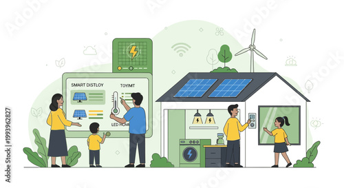 Smart Home Energy Management: Family Controlling Eco-Friendly House with Solar Panels and Wind Turbine