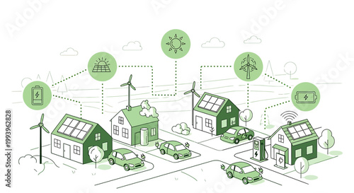 Smart grid, renewable energy, electric cars, and sustainable living in a modern neighborhood.