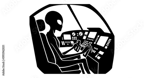 An alien is sitting in the cockpit of a spaceship, controlling the navigation system.