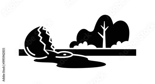 A black and white illustration of a cracked egg hatching into a dinosaur-like creature in a natural landscape