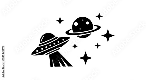 A black and white illustration of two UFOs flying through space with stars