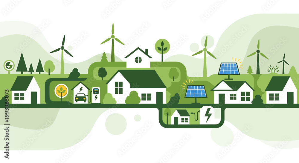 Fototapeta premium Sustainable energy for eco-friendly homes: solar panels, wind turbines, electric cars