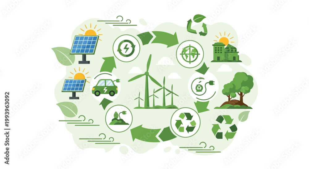 Fototapeta premium Sustainable energy cycle with solar panels, wind turbines, electric car, and recycling symbols