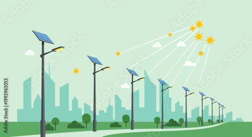 Solar powered street lights in a modern city skyline, clean energy concept