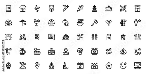 Sakura Festival icon set. Vector illustration pack featuring cherry blossom, kimono, lantern, parade, food, temple and more. Editable stroke icons.