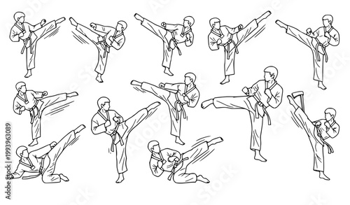 Taekwondo doodle illustration martial arts sport sketch vector set