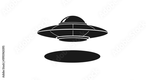 A black and white illustration of a UFO flying in the air with a shadow underneath