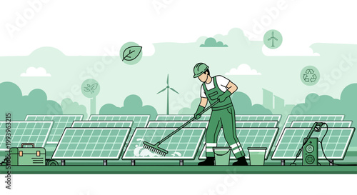 Worker cleaning solar panels, renewable energy, green technology, sustainable power generation
