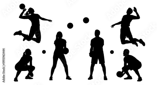 Silhouettes of people playing basketball.