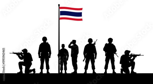 Thai soldiers standing with guns flag.