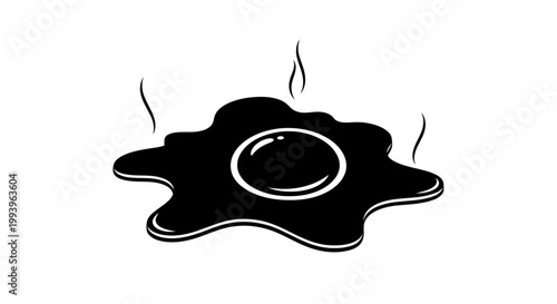 A black puddle of liquid with steam rising from it on a white background