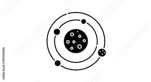 A simple black and white illustration of an atom with electrons orbiting the nucleus.