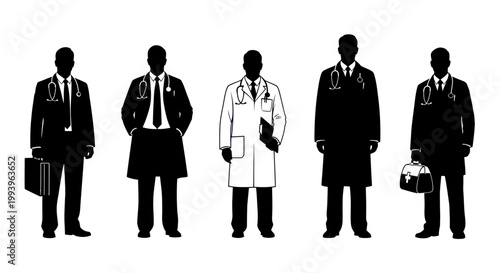 Silhouettes of five professional men standing.