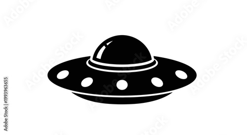 A black and white illustration of a UFO flying saucer in a plain background