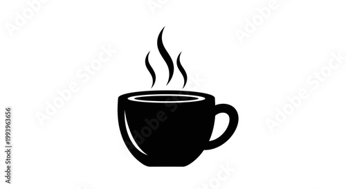 A simple black silhouette of a steaming hot coffee cup on a white background