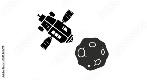 A black and white illustration of a spacecraft approaching a planet with craters