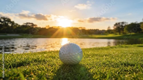 Golf Ball Resting on Lush Green Grass Beside Serene Water Under Golden Sunset