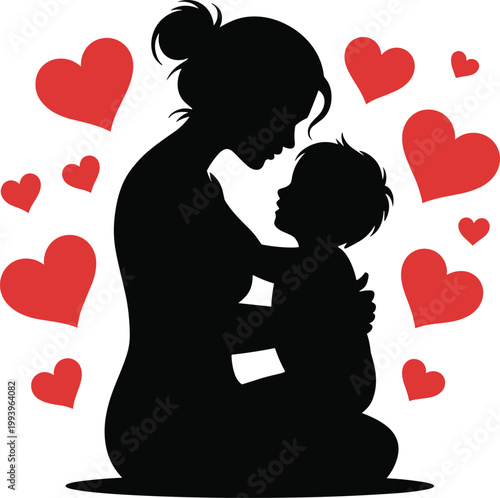 Mother and baby silhouette with red hearts around them