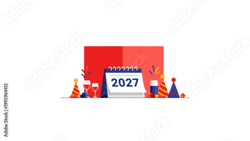 2027 Calendar with Party Hats and Drinks