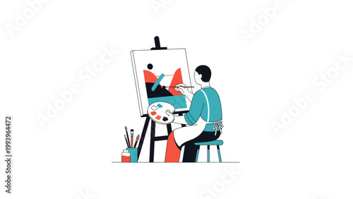 artist painting portrait in studio vector illustration