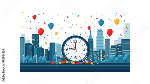 celebratory cityscape with clock and balloons